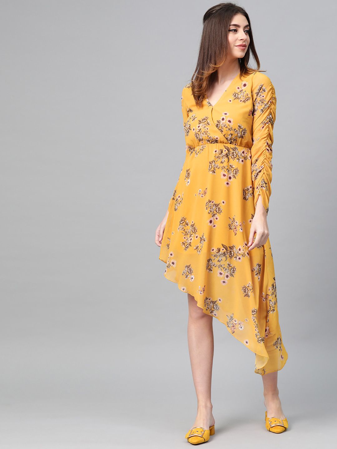 SASSAFRAS Mustard Yellow & Green Floral Print Wrap Asymmetric Dress Price in India
