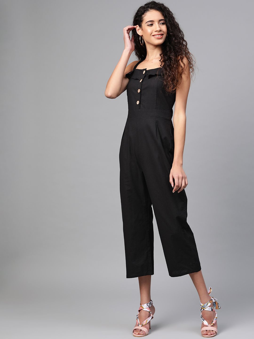 SASSAFRAS Women Black Solid Basic Jumpsuit Price in India