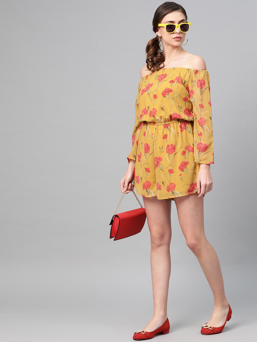 SASSAFRAS Women Mustard Yellow & Red Printed Playsuit Price in India