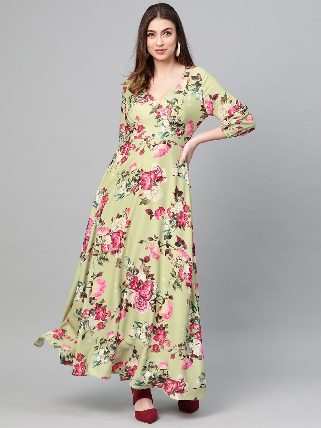 SASSAFRAS Lime Green & Pink Floral Printed Maxi Dress Price in India