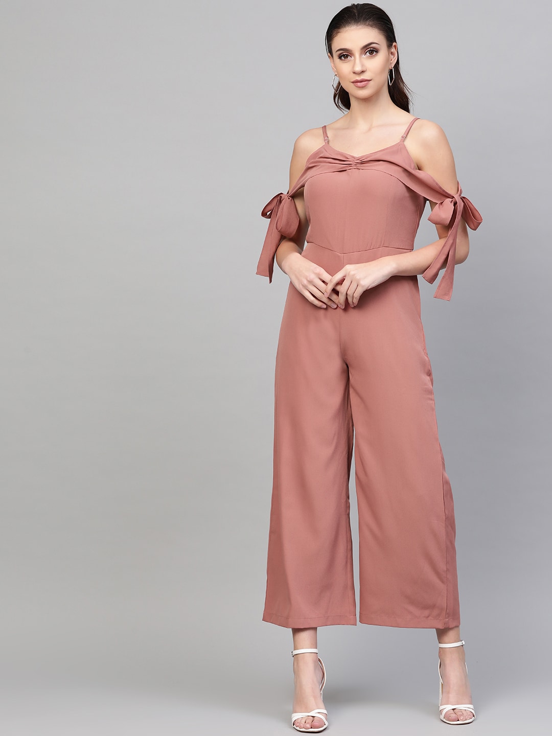SASSAFRAS Women Dusty Pink Solid Basic Jumpsuit Price in India