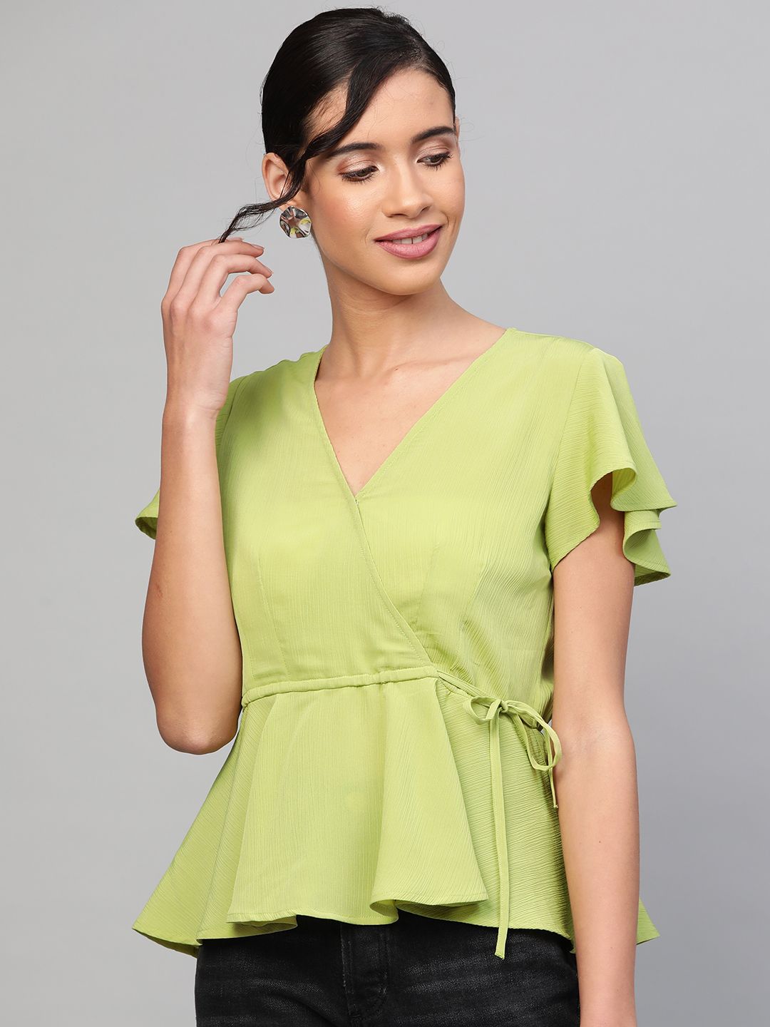 SASSAFRAS Women Green Solid Wrap Top