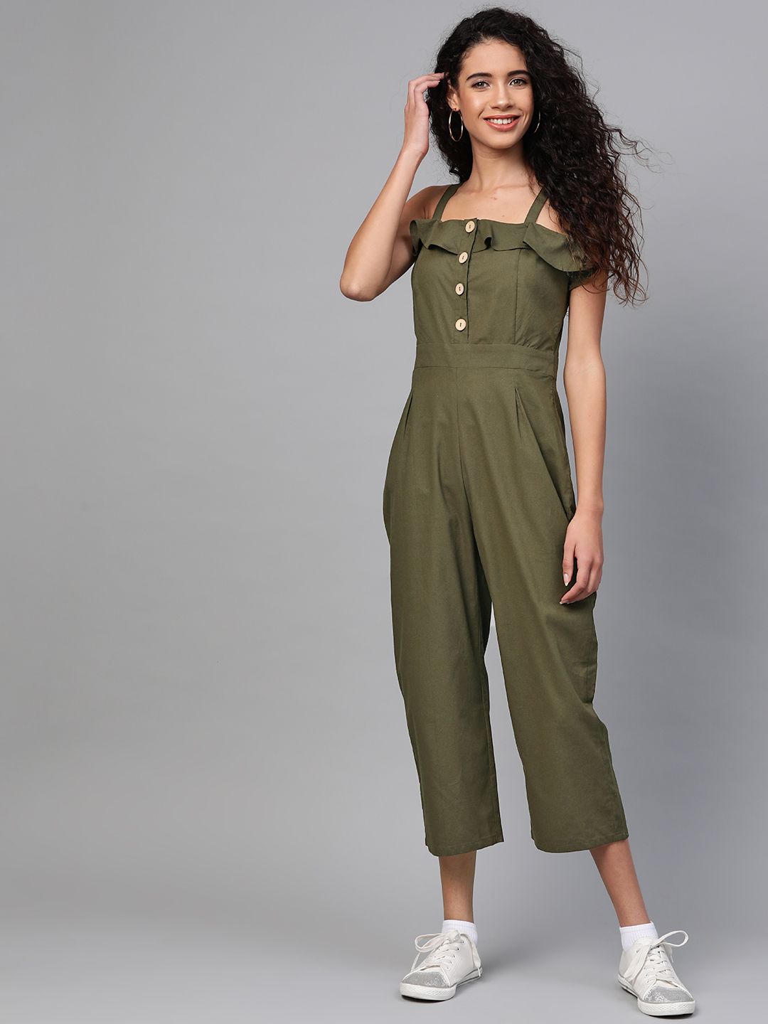 SASSAFRAS Women Olive Green Solid Basic Jumpsuit Price in India