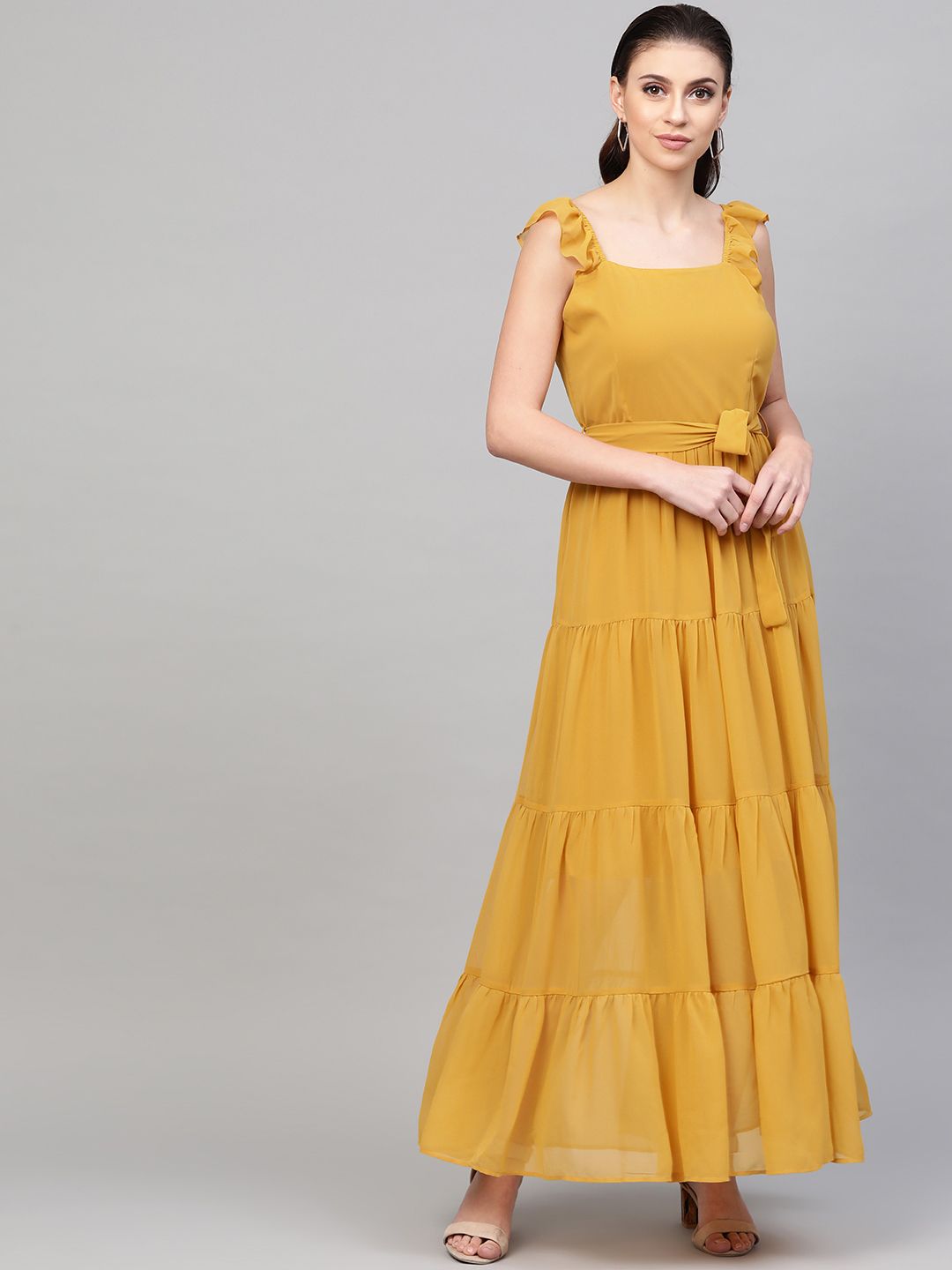 SASSAFRAS Mustard Yellow Tiered Maxi Dress Price in India