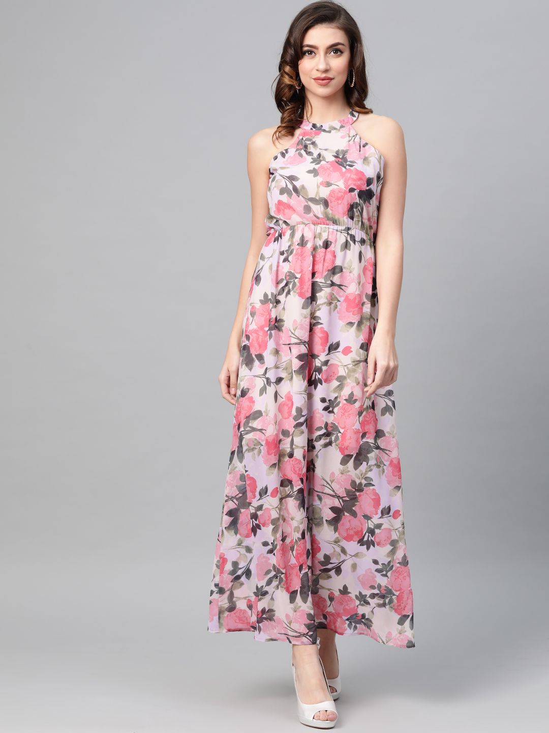 SASSAFRAS Cream-Coloured & Pink Floral Printed Maxi Dress Price in India