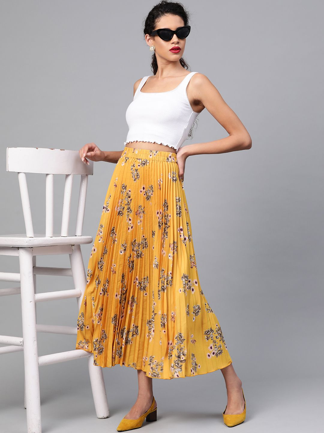 SASSAFRAS Women Mustard Yellow & Olive Green Printed Accordian Pleated A-Line Skirt