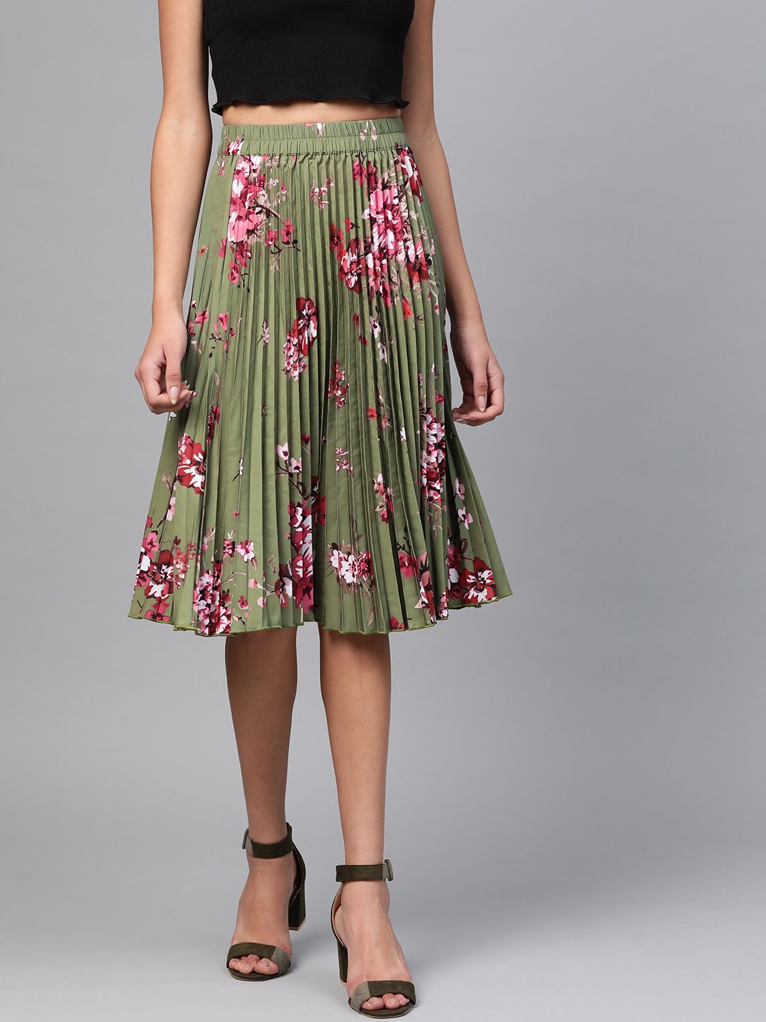 SASSAFRAS Women Green & Pink Printed Accordian Pleated A-Line Skirt