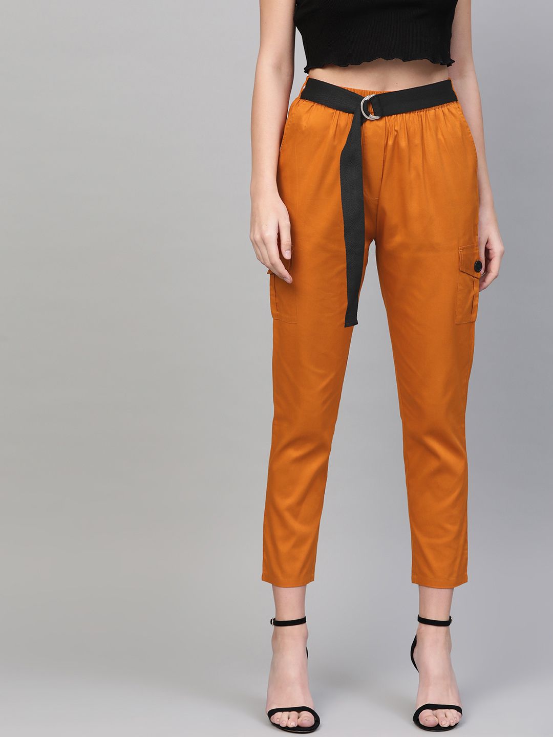 SASSAFRAS Women Rust Orange Solid Cropped Cargos Price in India