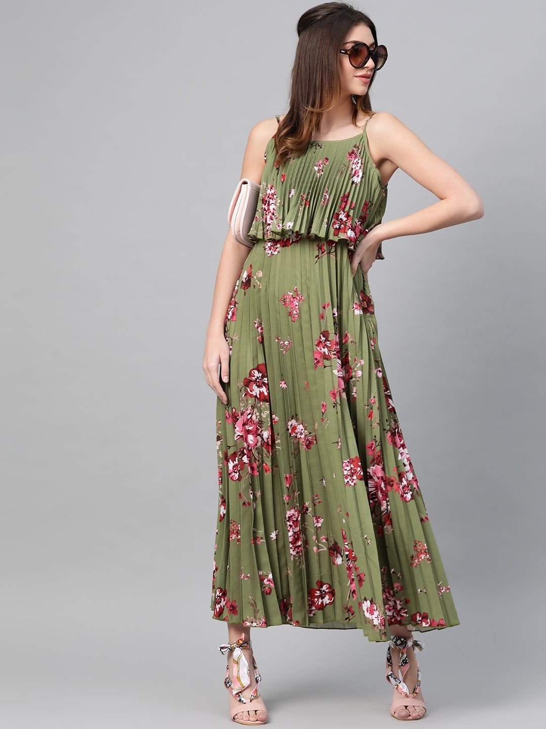 SASSAFRAS Olive Green & Pink Accordion Pleat Printed Maxi Dress Price in India