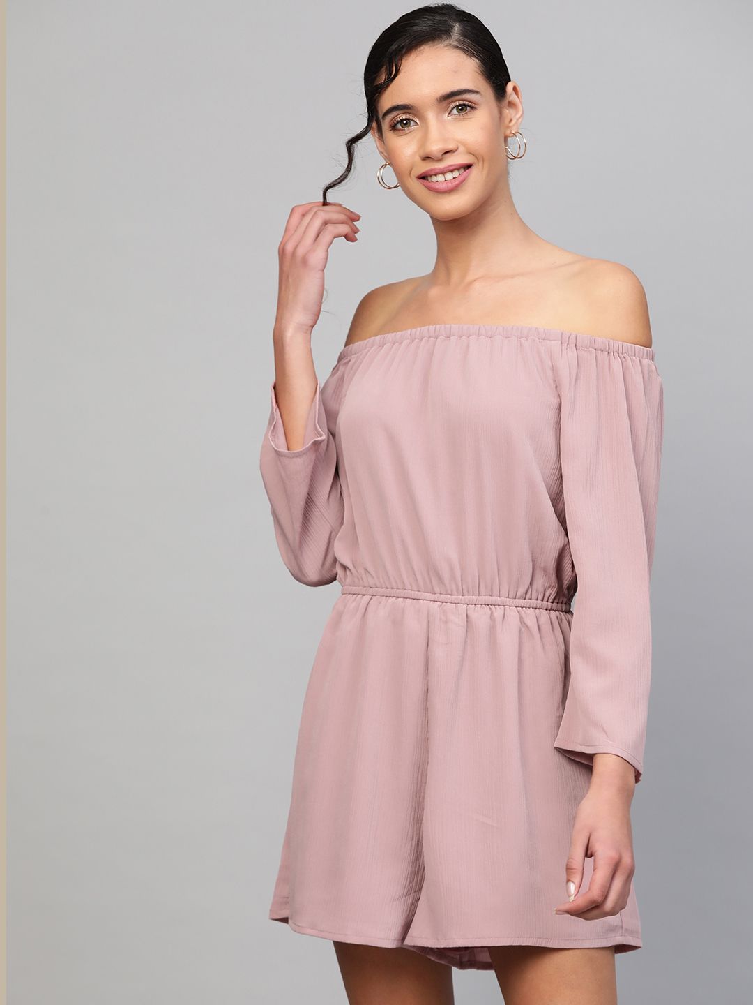 SASSAFRAS Women Dusty Pink Solid Off-Shoulder Playsuit Price in India