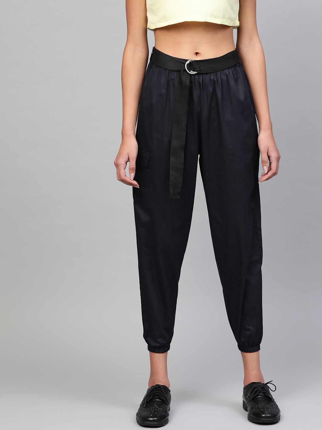SASSAFRAS Women Navy Blue Solid Cropped Joggers Price in India