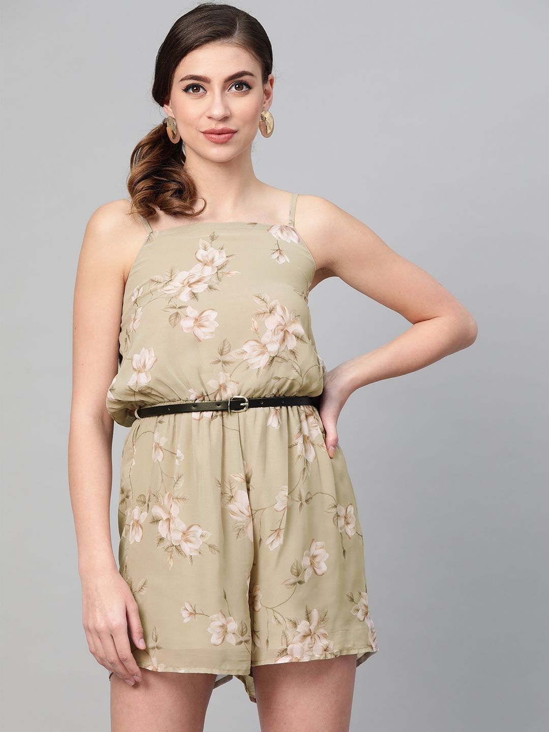 SASSAFRAS Women Olive Green & Off-White Printed Playsuit Price in India