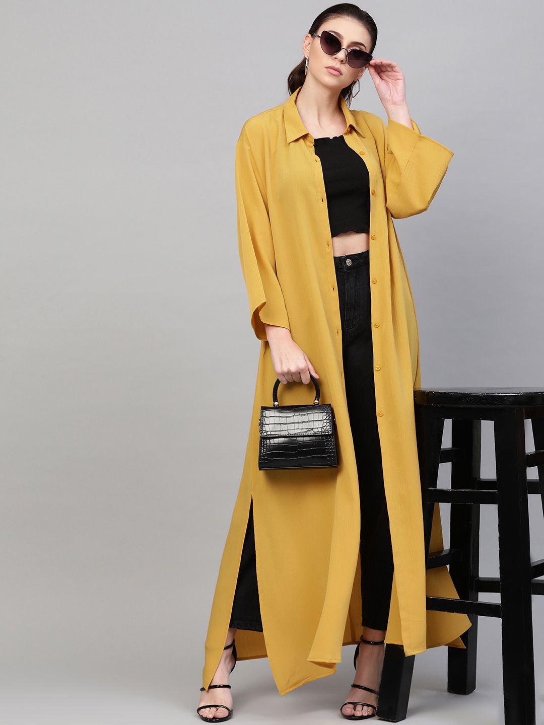 SASSAFRAS Women Mustard Yellow Solid Longline Shirt Style Shrug Price in India