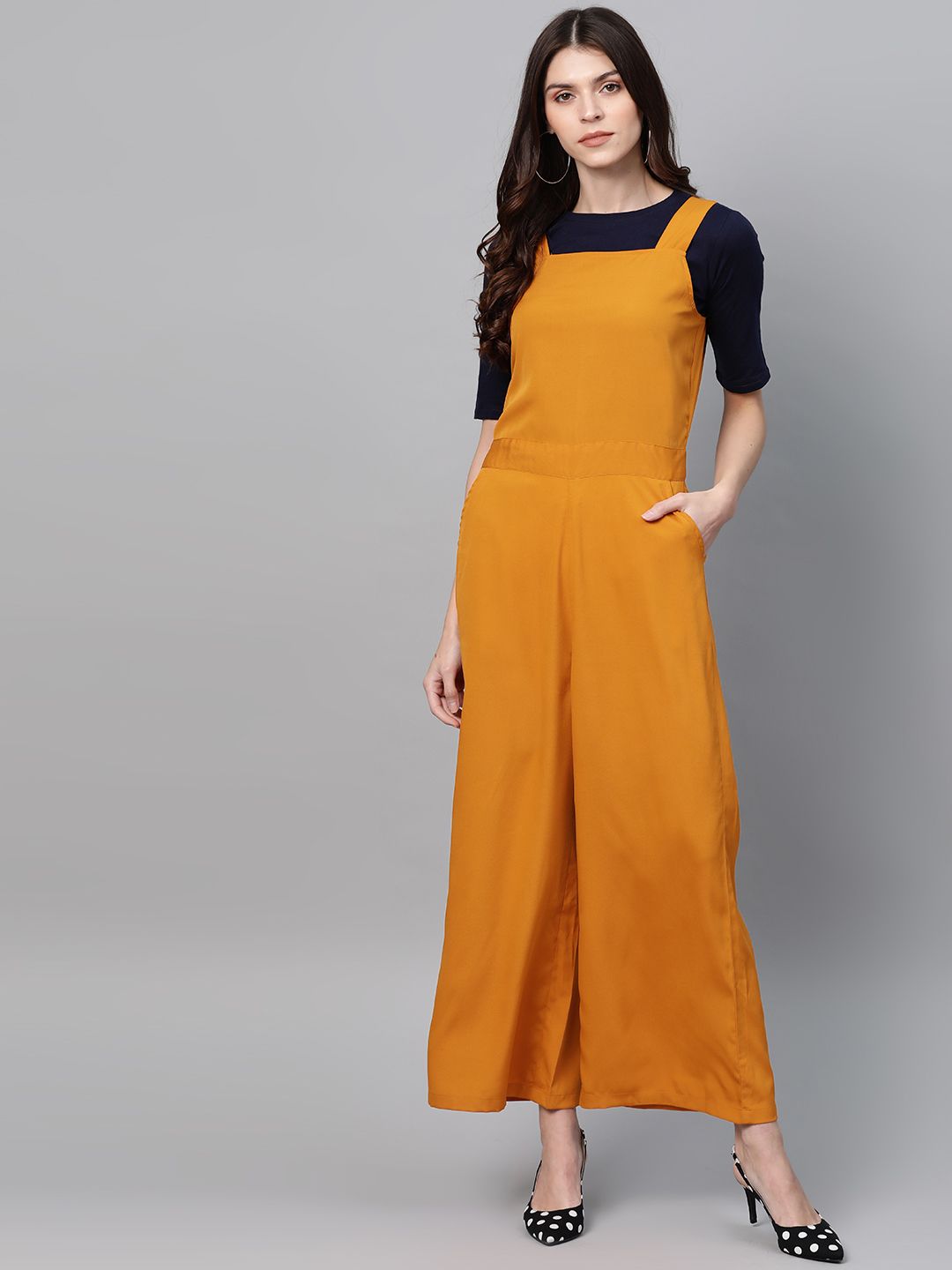 Zima Leto Women Mustard Yellow Solid Basic Jumpsuit with T-shirt Price in India
