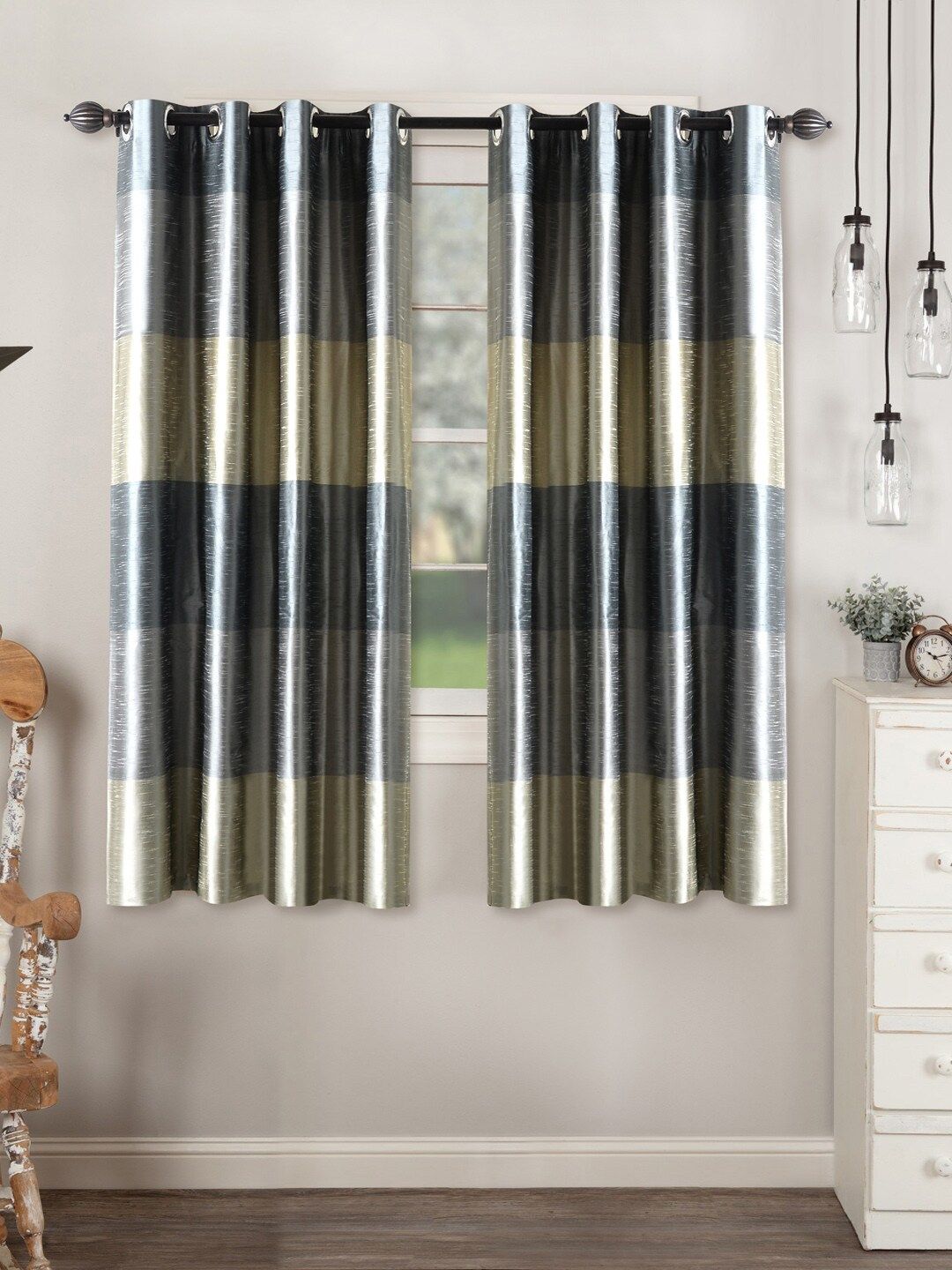 Deco Window Grey & Beige Set of 2 Curtains Price in India