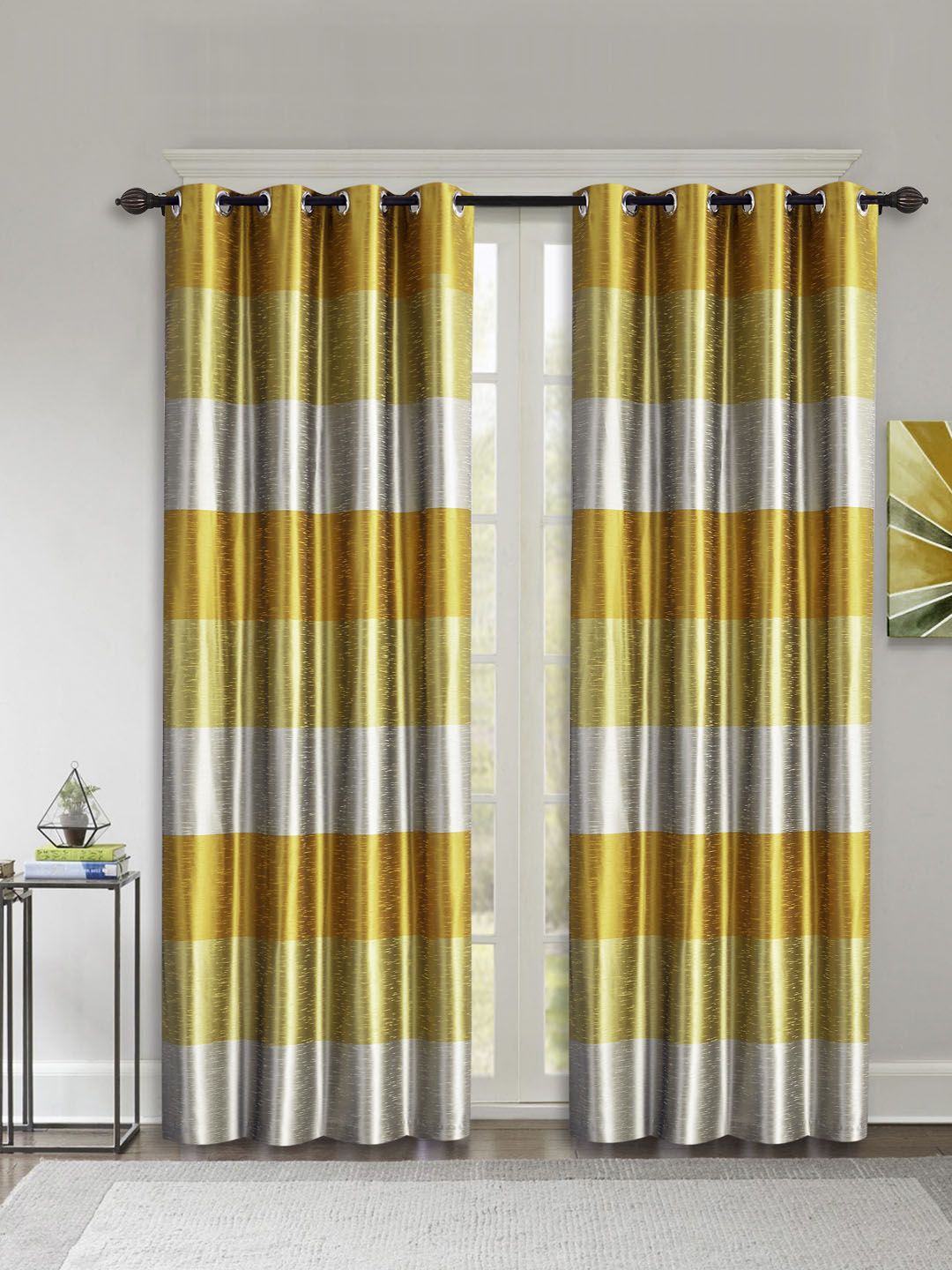 Deco Window Yellow & Silver-Toned Set of 2 Curtains Price in India