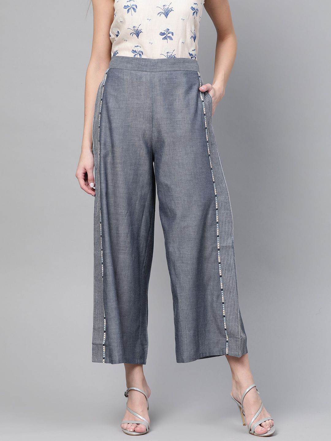 W Women Navy Blue Chambray Flared Fit Solid Parallel Trousers Price in India