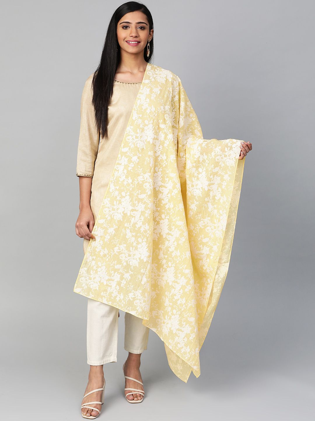W Women Yellow & White Printed Dupatta Price in India