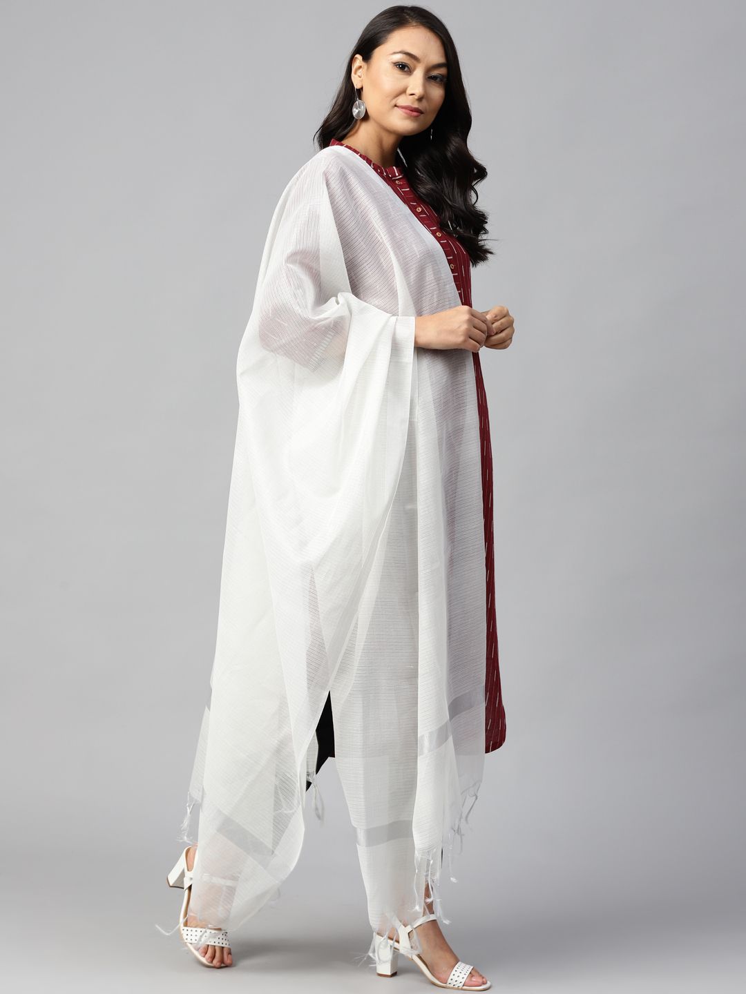 W White & Silver Woven Design Dupatta Price in India