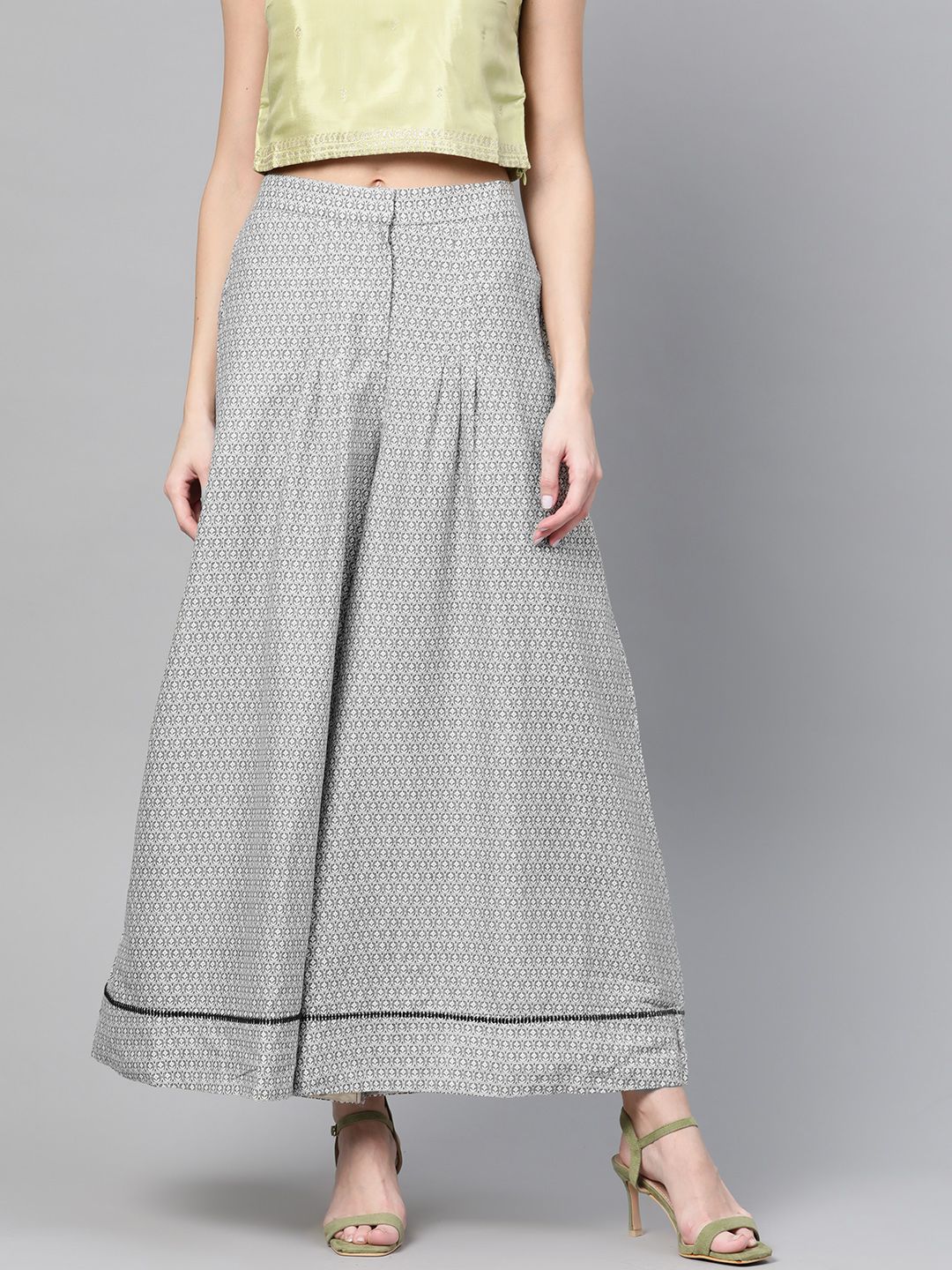 W Women Grey & White Printed Flared Trousers Price in India