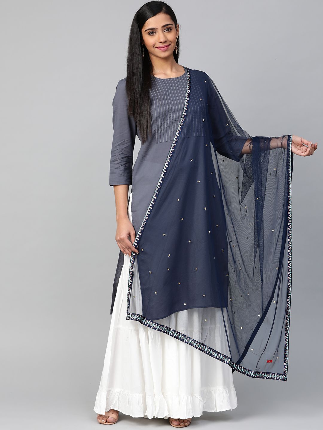 W Women Navy Blue Sequinned Net Dupatta Price in India