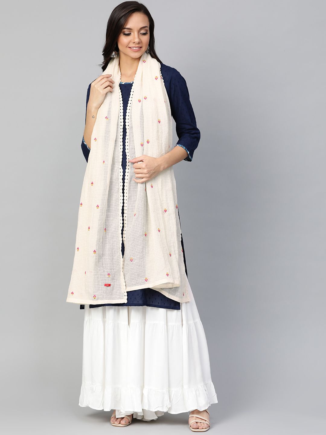 W Off-White & Pink Embroidered Dupatta Price in India