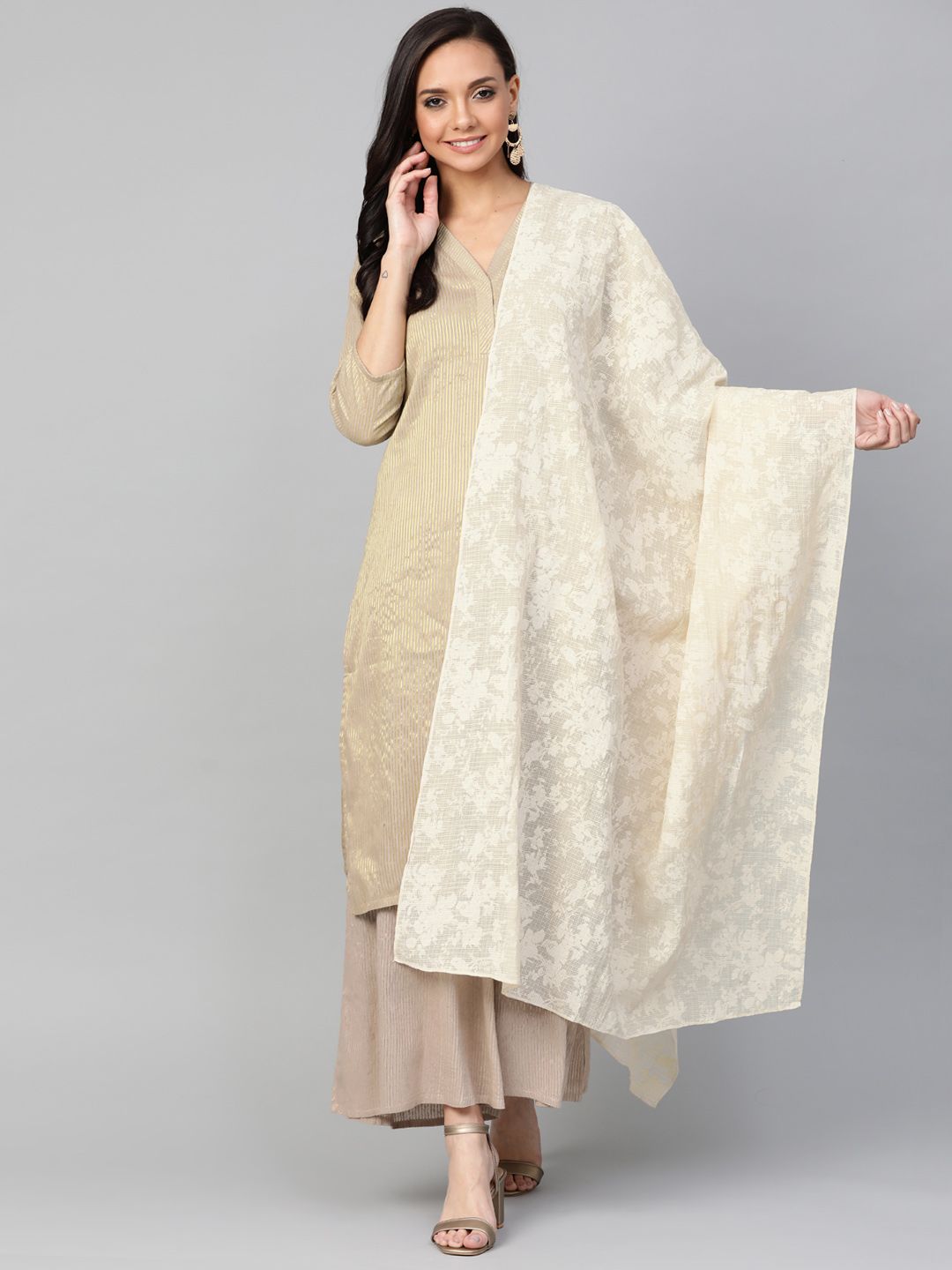 W Beige Floral Print Dupatta