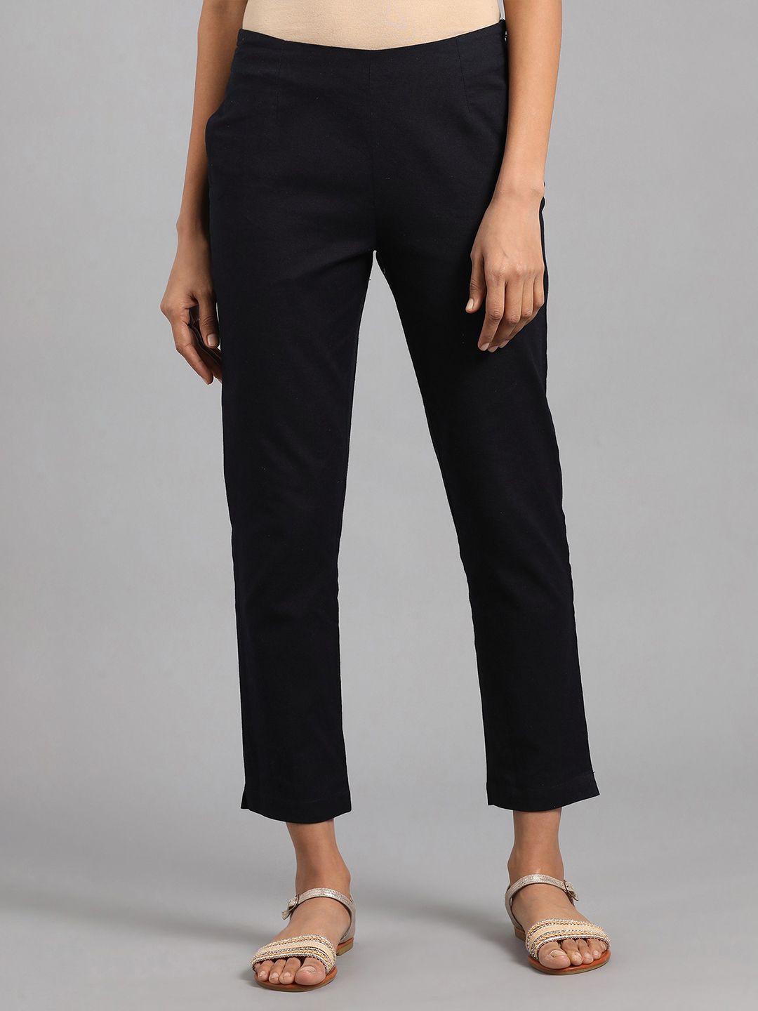W Women Black Regular Cropped Trousers Price in India