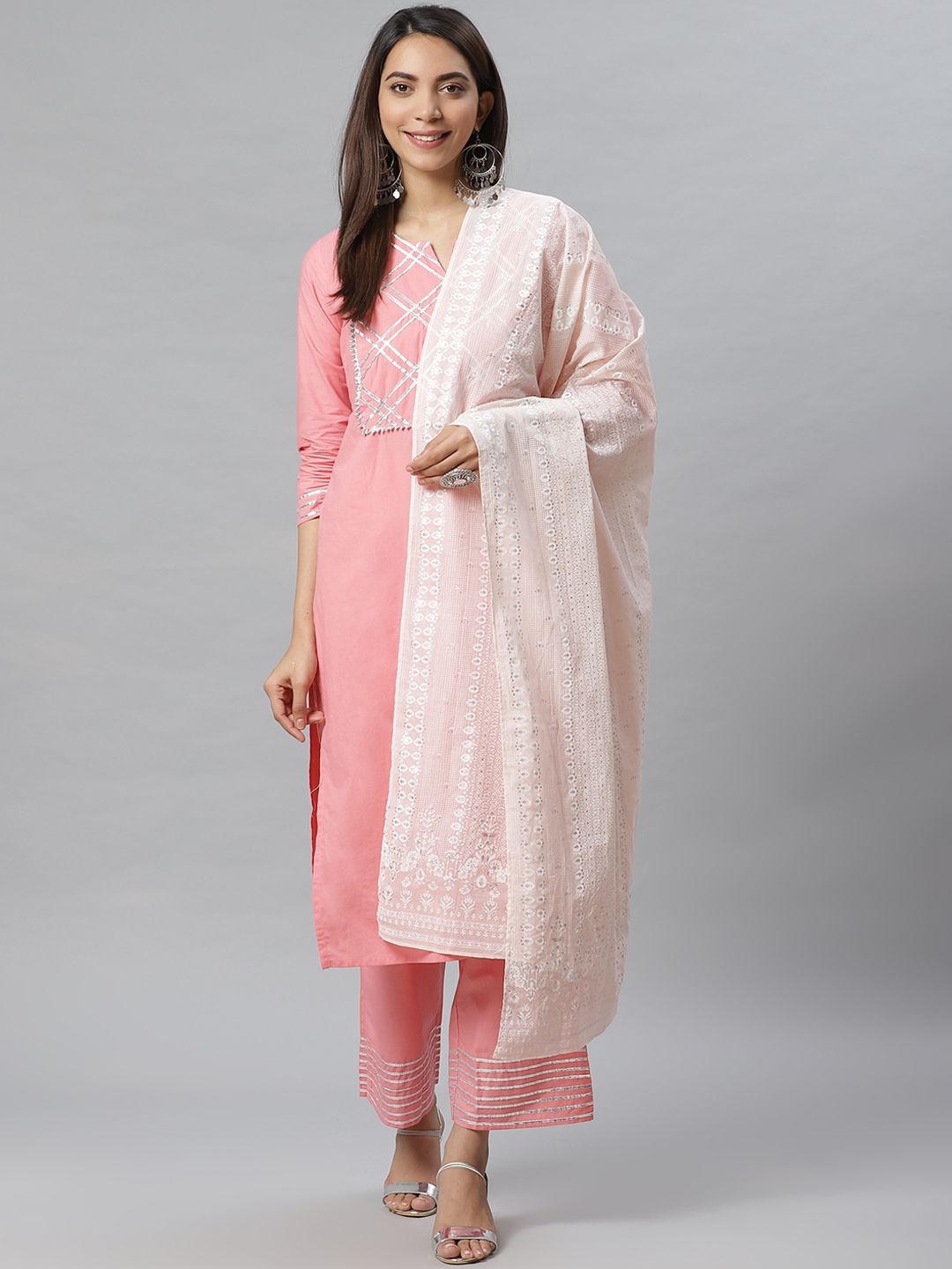 W Pink & Silver Printed Pure Cotton Dupatta Price in India