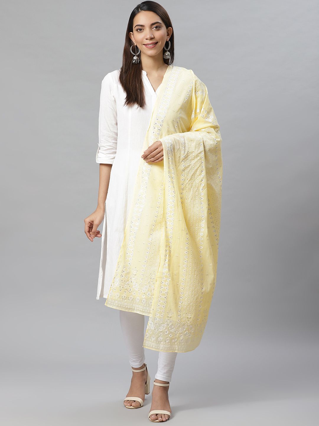 W Yellow & Silver Printed Pure Cotton Dupatta Price in India