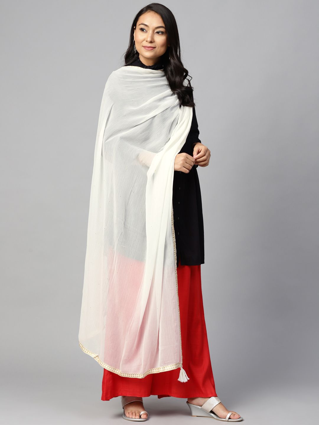 W Off-White Mukaish Work Dupatta Price in India