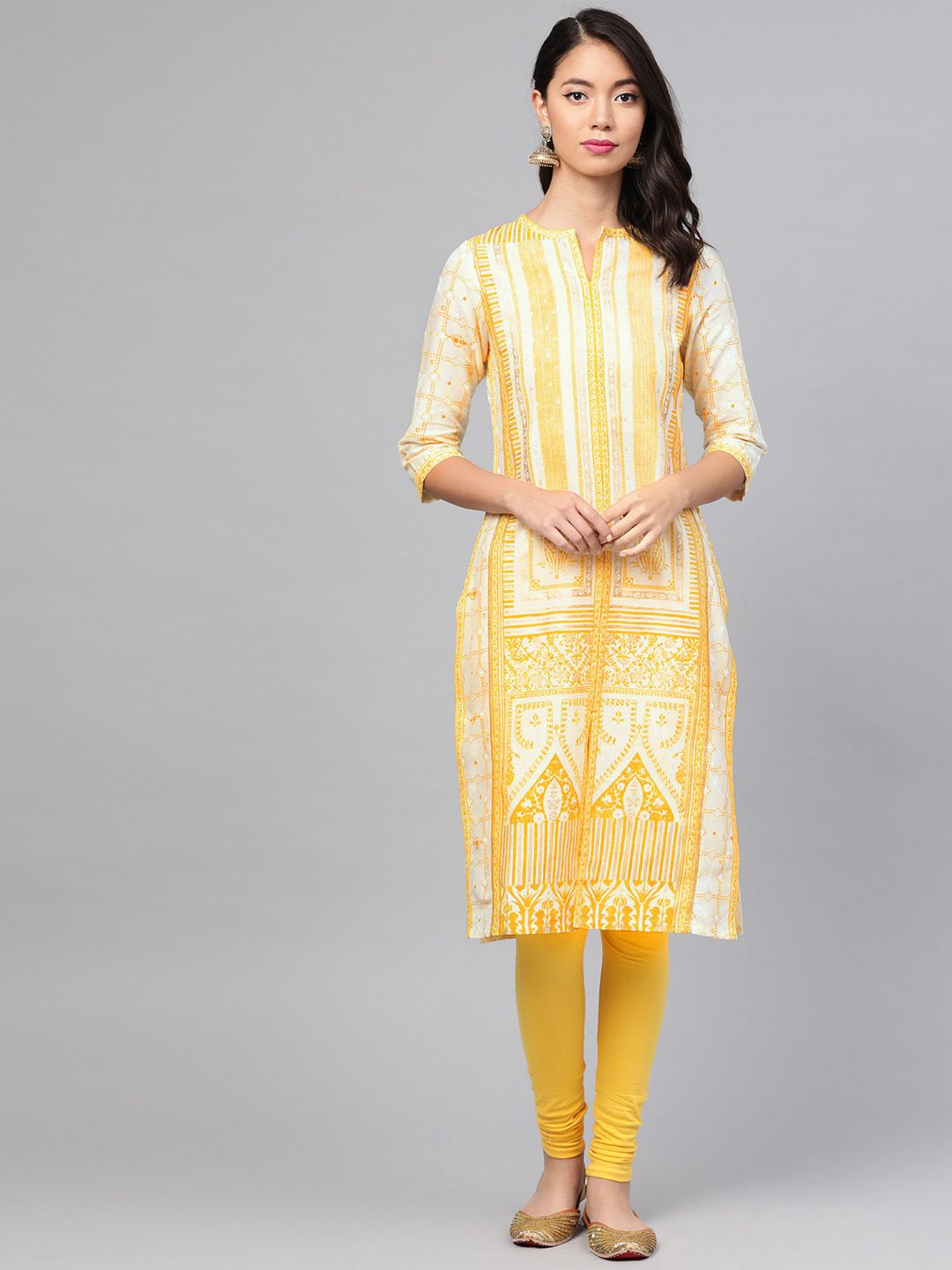 W Women Off-White & Yellow Printed Straight Kurta Price in India