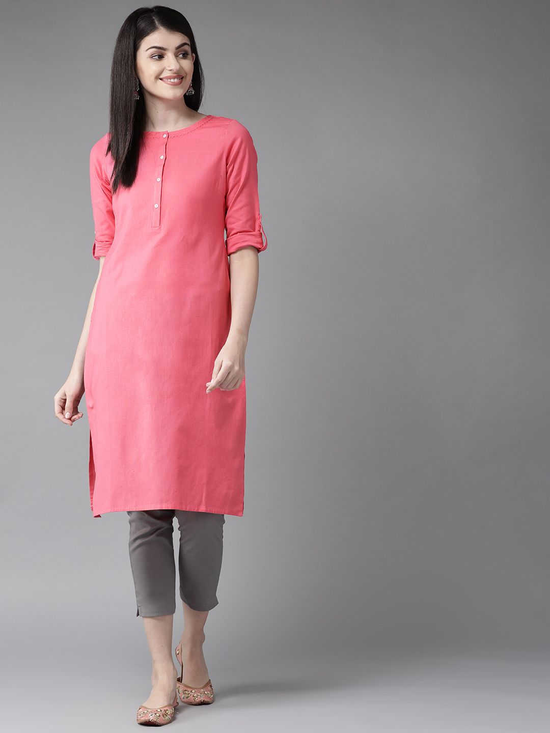 W Women Pink Solid Straight Kurta Price in India