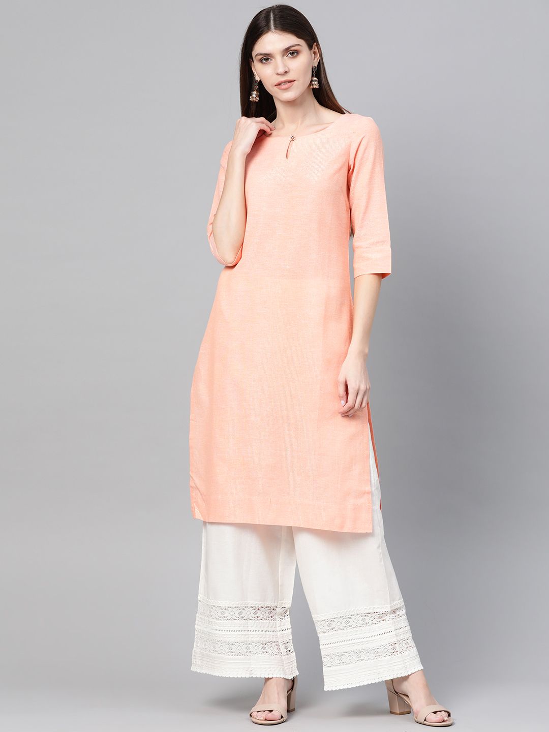 W Women Coral Orange Zari Self-Striped Straight Kurta Price in India