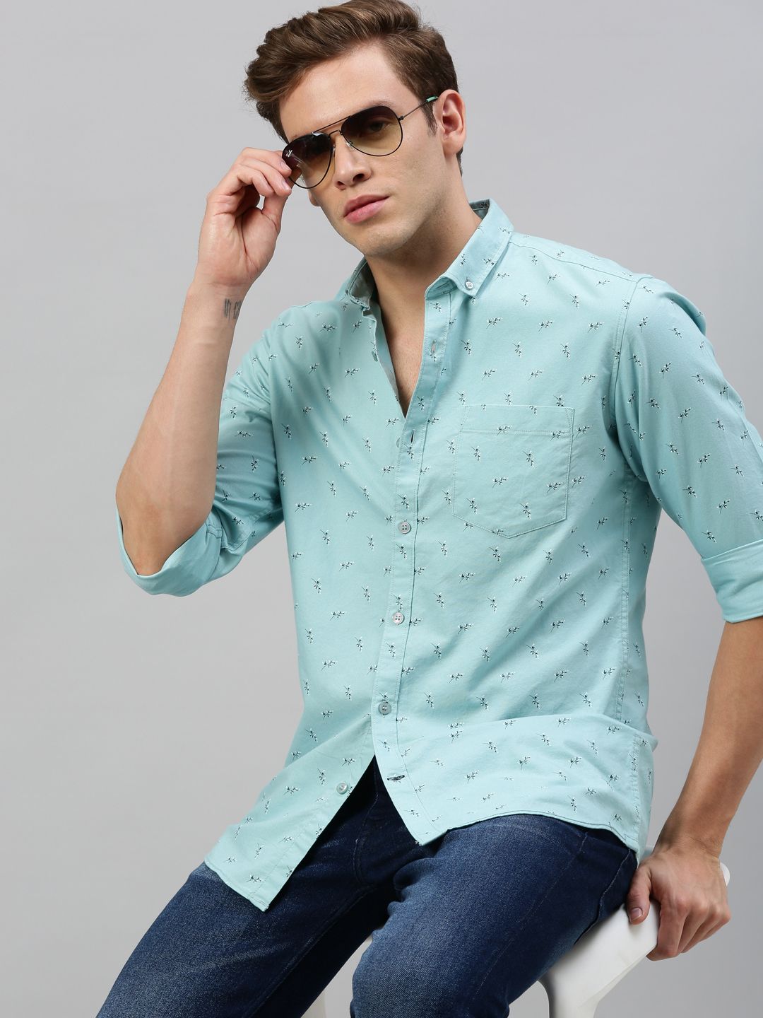 Mast & Harbour Men Sea Green Regular Fit Printed Casual Shirt