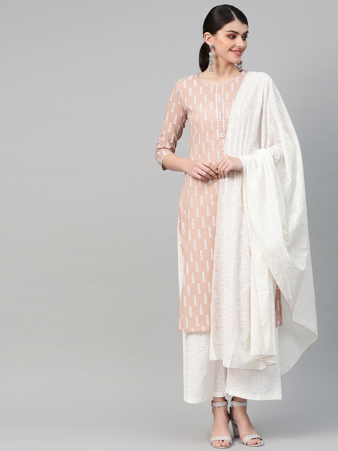 Yufta Women Mauve & White Printed Kurta with Palazzos & Dupatta Price in India