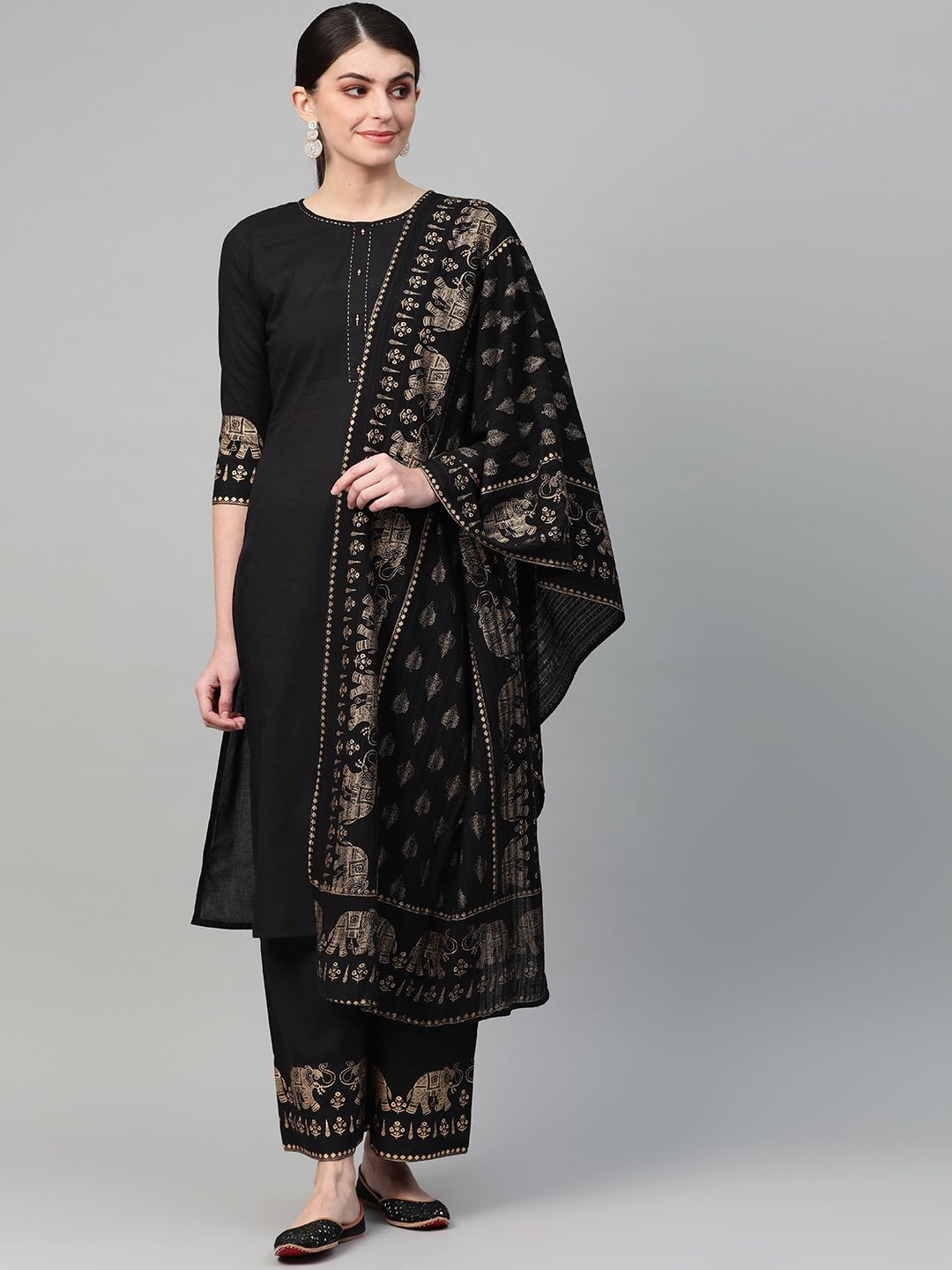 Yufta Women Black & Golden Solid Kurta with Palazzos & Dupatta