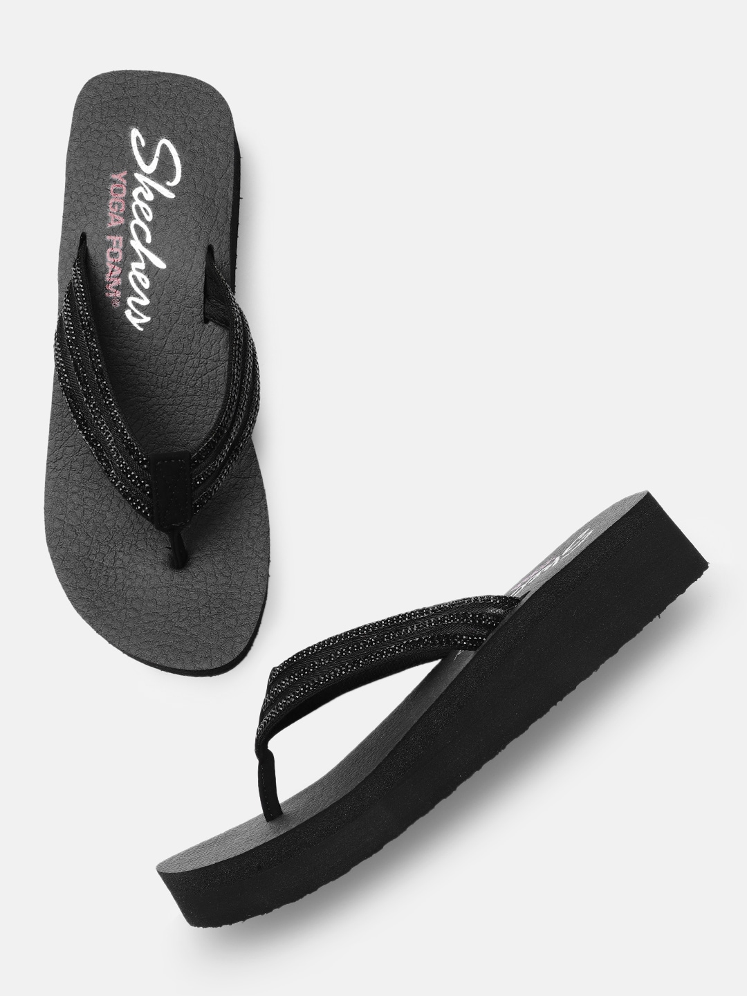 Skechers Women Black Embellished VINYASA - SUGAR PIE Heeled Thong Flip-Flops Price in India