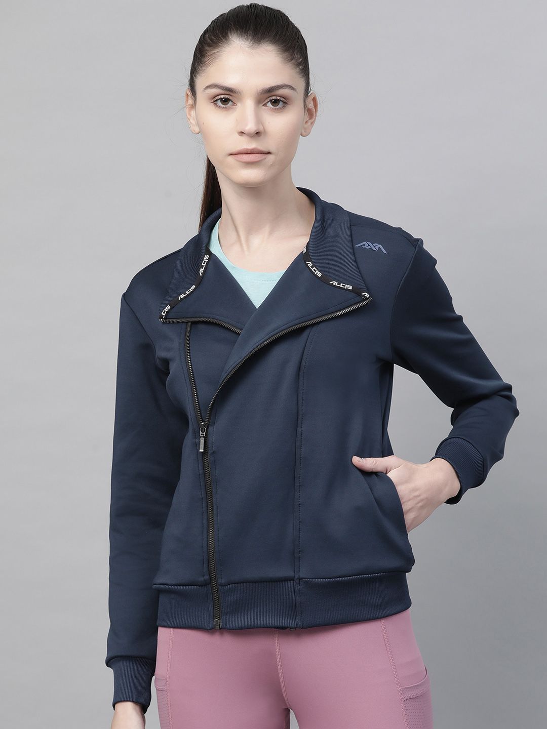 Alcis Women Navy Blue Solid Lightweight Sporty Jacket Price in India