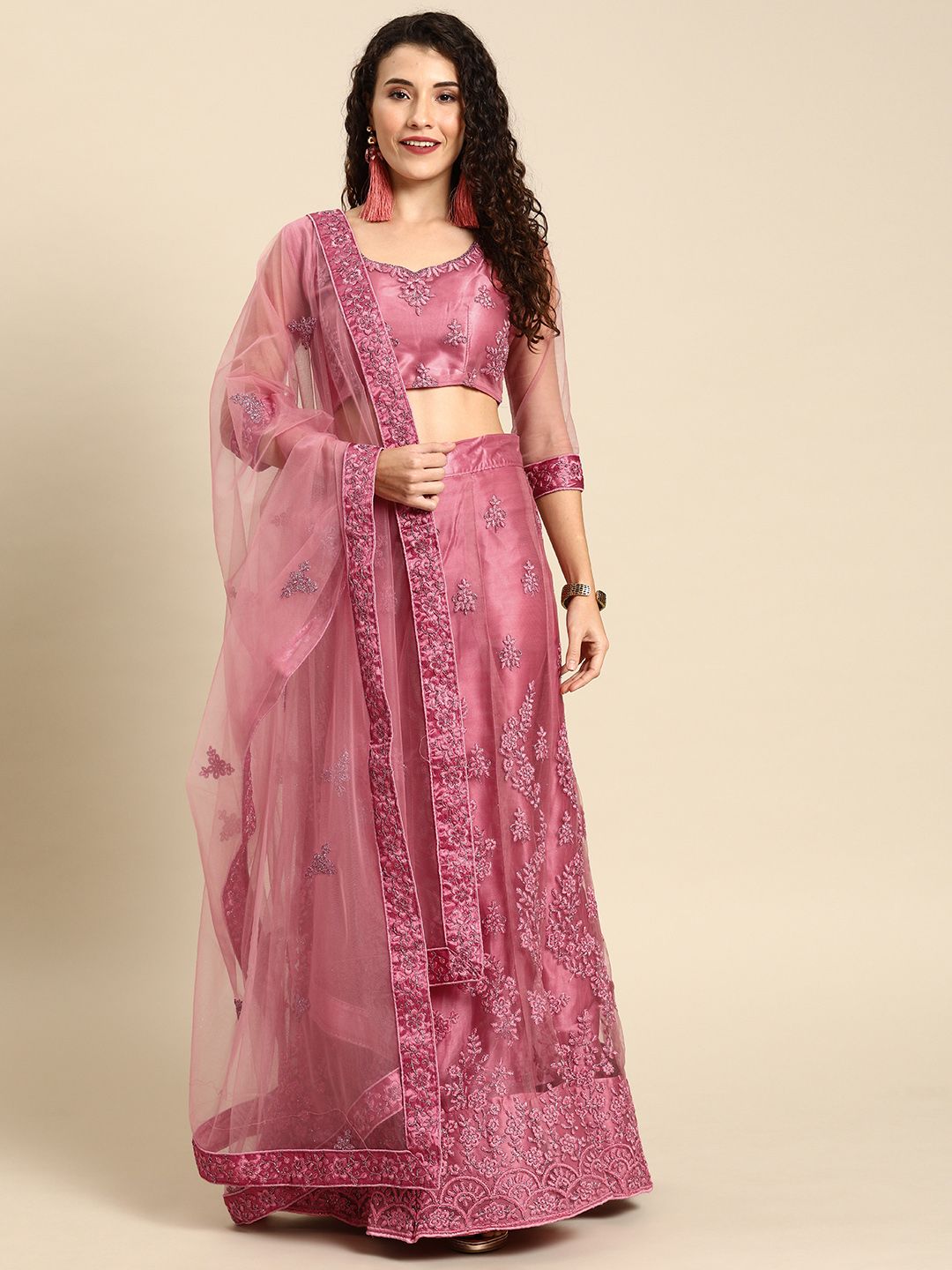Shaily Pink Embroidered Semi-Stitched Party Lehenga & Blouse with Dupatta Price in India