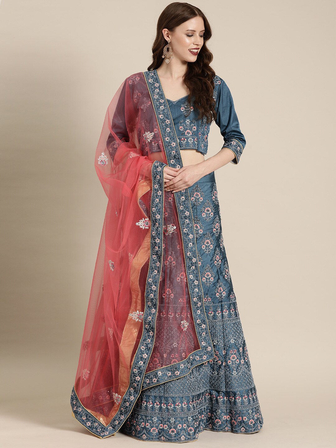 Shaily Teal Blue & Pink Embellished Semi-Stitched Lehenga Choli with Dupatta Price in India