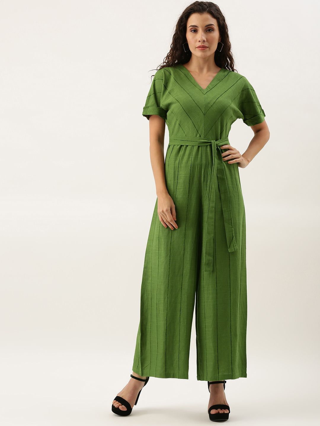 AND Women Olive Green Self-Striped Basic Jumpsuit Price in India