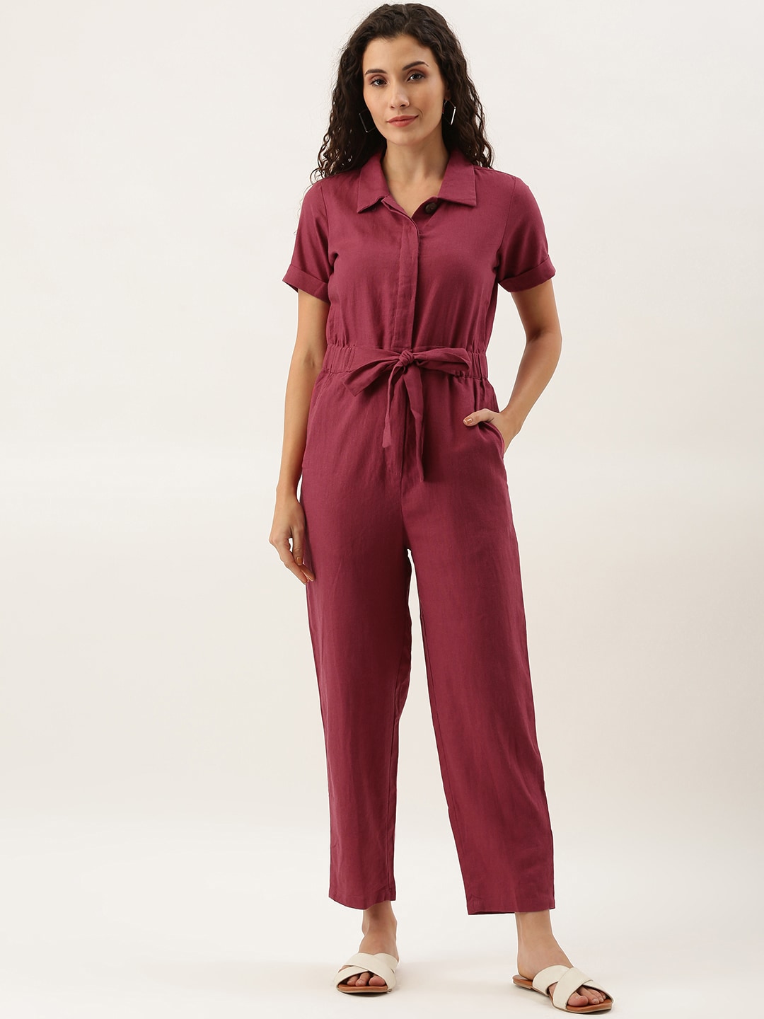 AND Women Burgundy Solid Basic Jumpsuit Price in India