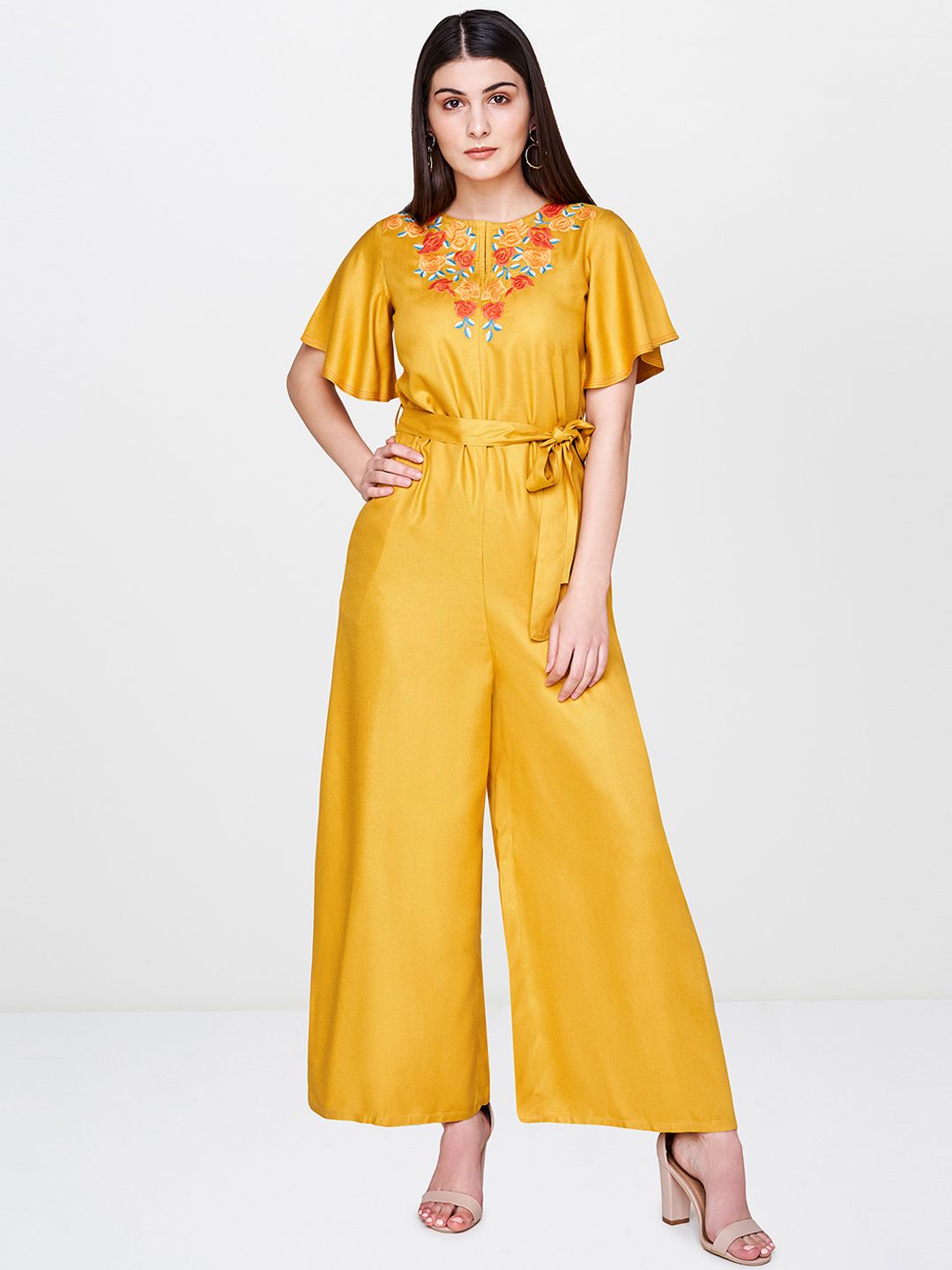 AND Women Mustard Yellow Solid Basic Jumpsuit With Embroidered Detail Price in India