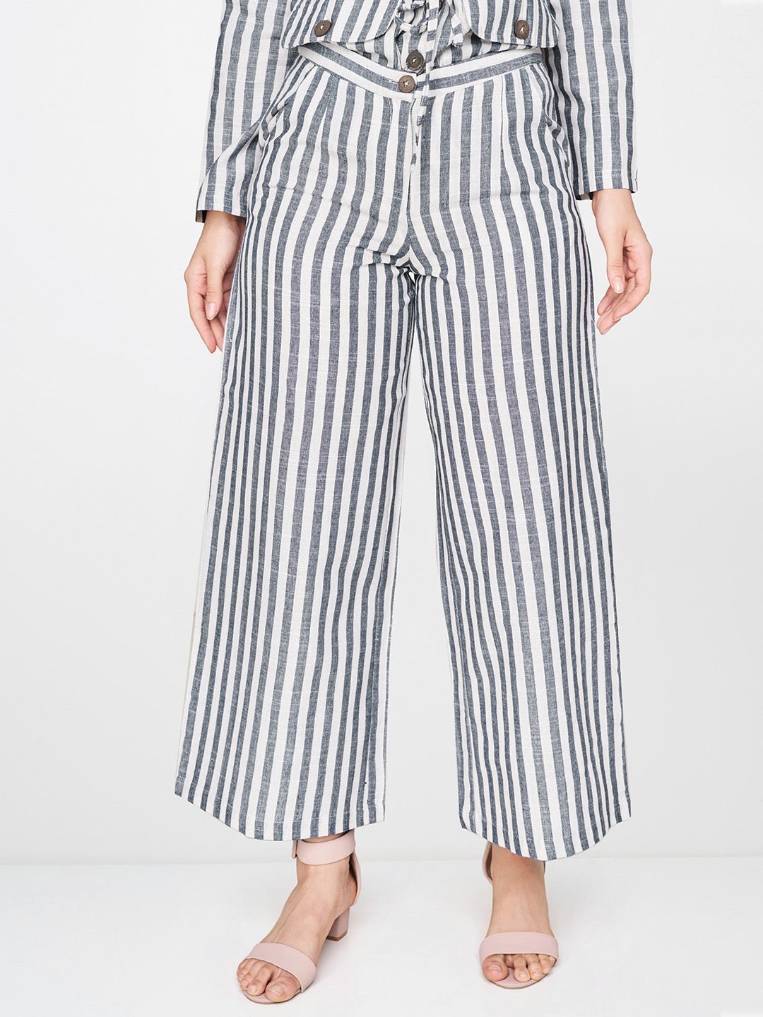 AND Women Navy Blue & White Regular Fit Striped Parallel Trousers Price in India