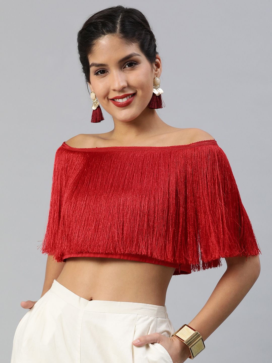 Inddus Red Silk Blend Fringed Bardot Crop Top