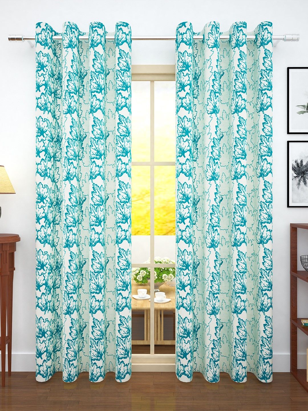 Story@home Turquoise Blue & Cream-Coloured Set of 2 300GSM Semi Blackout Jacquard Eyelet Ringtop Door Curtains Price in India