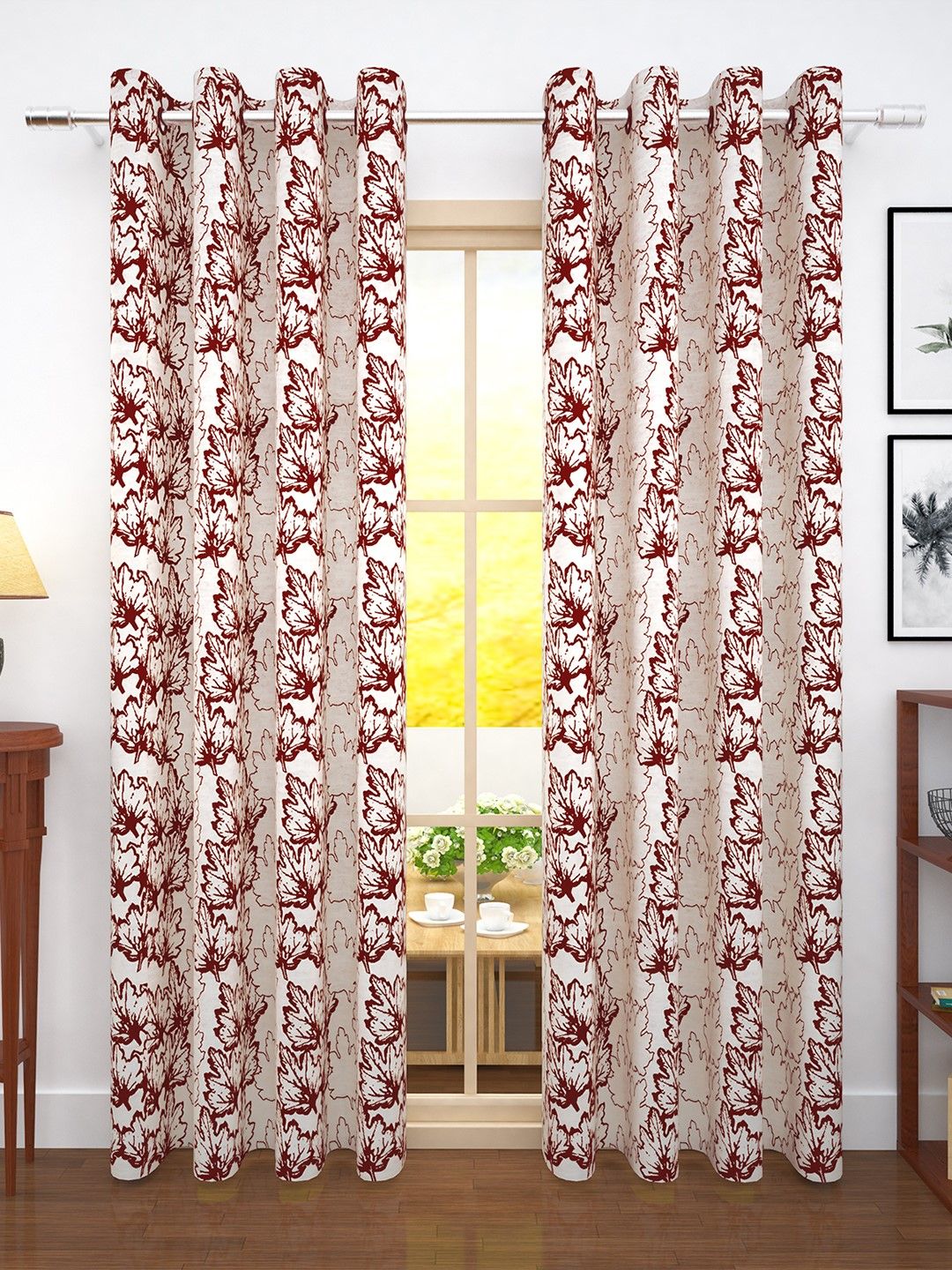 Story@home Cream-Coloured & Maroon Set of 2  300GSM Semi Blackout Jacquard Eyelet Ringtop Door Curtains Price in India