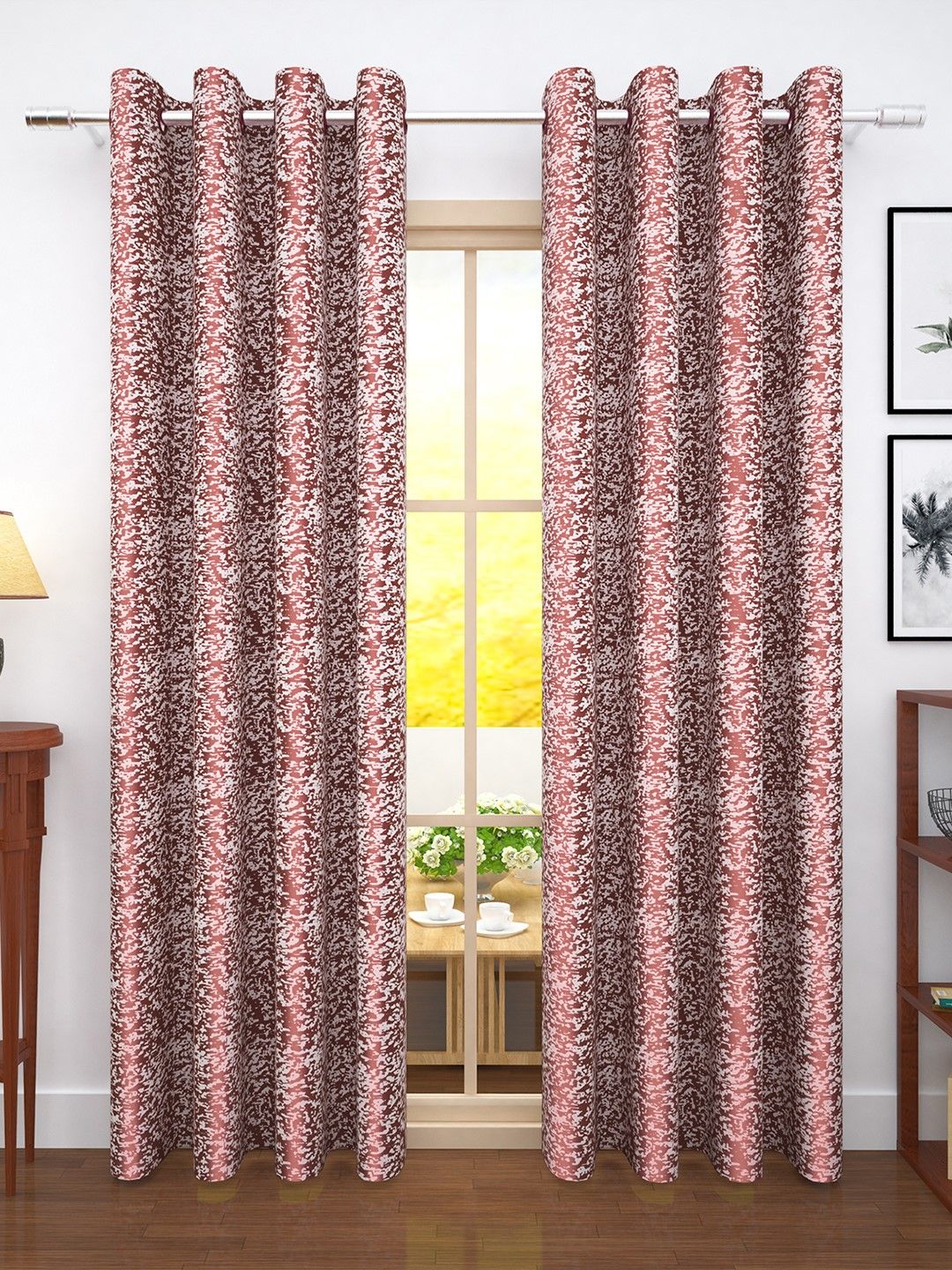 Story@home Maroon & Beige Set of 2 300GSM Semi Blackout Jacquard Eyelet Ringtop Door Curtains Price in India