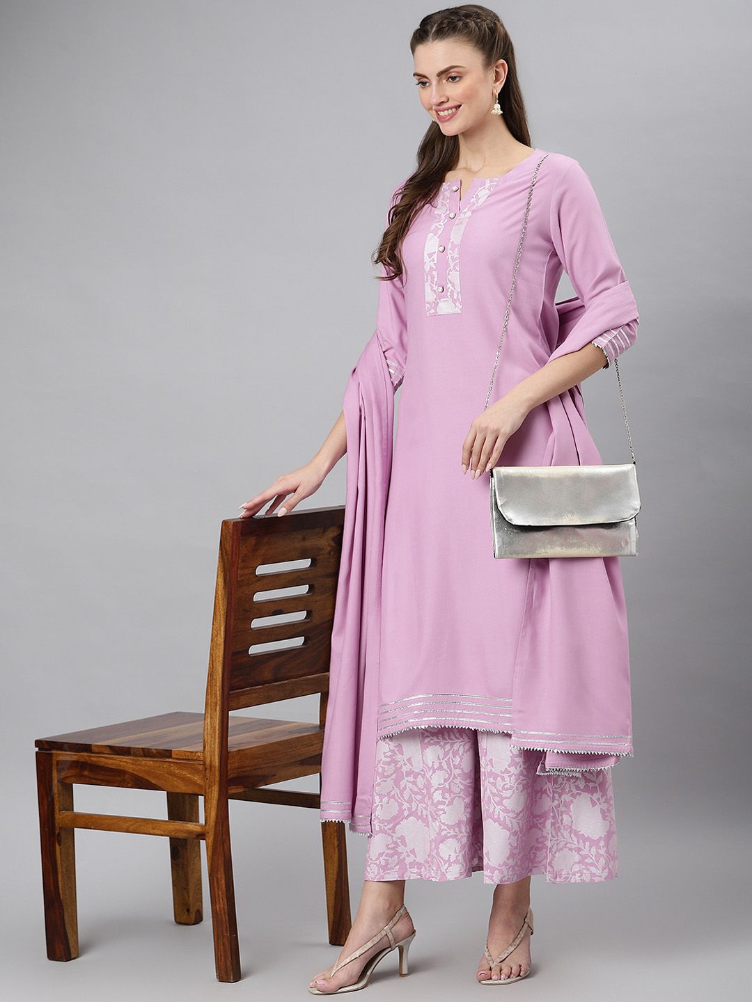 Khushal K Women Lavender Printed Kurti with Palazzos Price in India